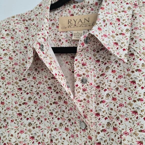 Ryan Michael Women’s Silk Cream Red Floral Snap Long Sleeve Western Shirt Sz L - Picture 9 of 10